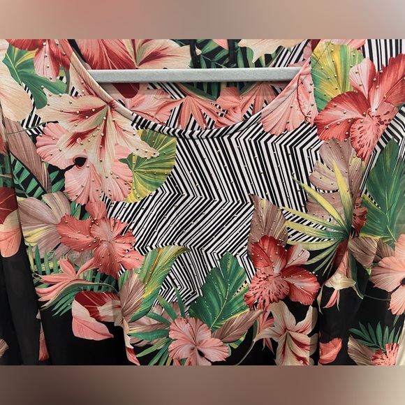 XL JM COLLECTION Tropical Floral Women's Blouse Black and Pink - Picture 7 of 11